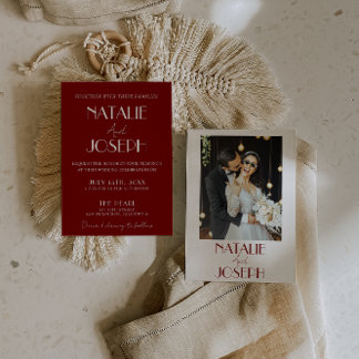 Invitation Elegant White Burgundy Minimalist Photo Wedding