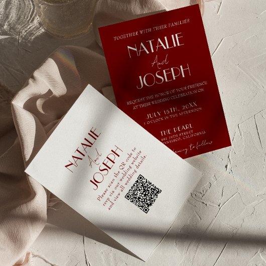 Invitation Elegant White Burgundy Minimalist QR Code Wedding