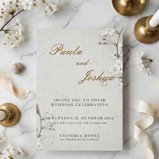 Invitation Elegant White Cherry Blossom & Gold Script Wedding