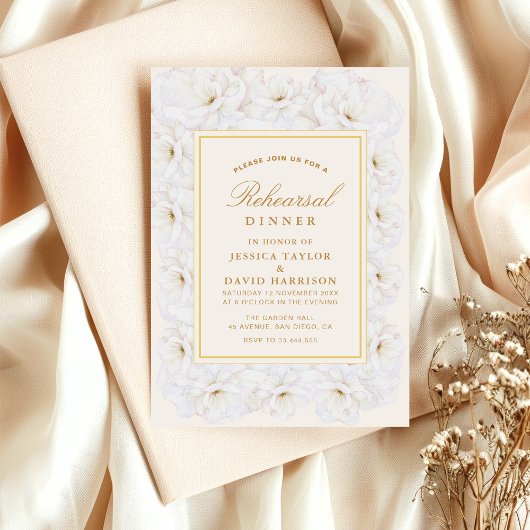 Invitation Elegant White Floral Ivory Gold rehearsal dinner 