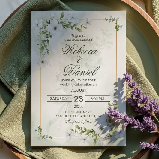 Invitation Elegant White Floral Wedding Greenery Gold Frame