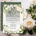 Invitation Elegant White Gardenia Floral 40th Birthday Party<br><div class="desc">Celebrate a milestone birthday with timeless elegance. This sophisticated 40th birthday party invitation features a soft botanical frame of white gardenia and lily florals and delicate greenery surrounding a refined sage green background. The graceful oval frame and classic typography create a polished, upscale look perfect for a stylish birthday celebration....</div>