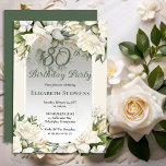 Invitation Elegant White Gardenia Floral 80th Birthday Party<br><div class="desc">Celebrate a milestone birthday with timeless elegance. This sophisticated 80th birthday party invitation features a soft botanical frame of white gardenia and lily florals and delicate greenery surrounding a refined sage green background. The graceful oval frame and classic typography create a polished, upscale look perfect for a stylish birthday celebration....</div>