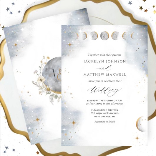 Invitation Elegant White, Gold and Silver Celestial Wedding