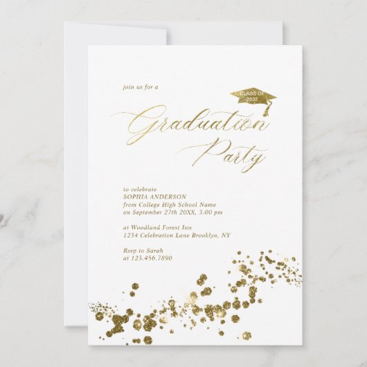 Invitation Élégant White Gold Dust Confetti Graduation (Devant)