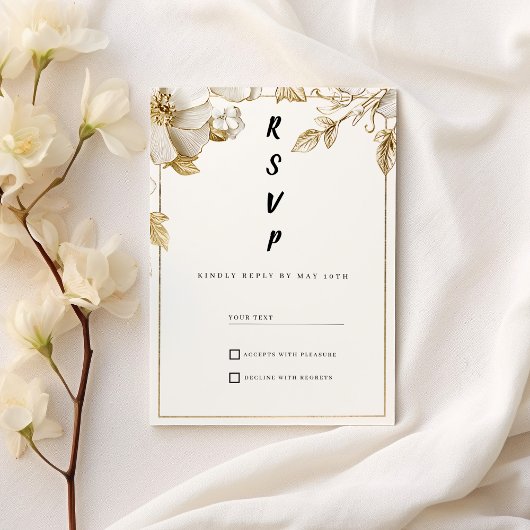 Invitation Elegant white gold flowers typography RSVP