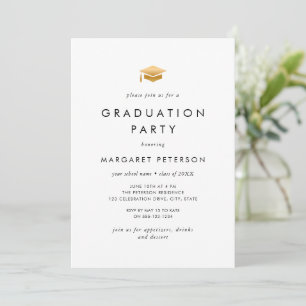 Invitation Élégant White Gold Grad Casquette Chic Graduation