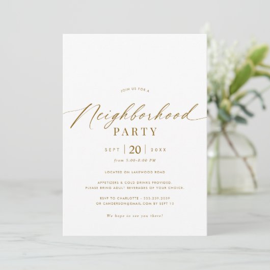 Invitation Elégant White & Gold Neighborhood Gathering Party (Debout devant)