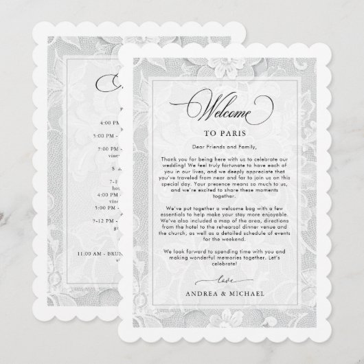 Invitation Elegant White Lace Wedding Welcome Itinerary Card (Devant / Derrière)