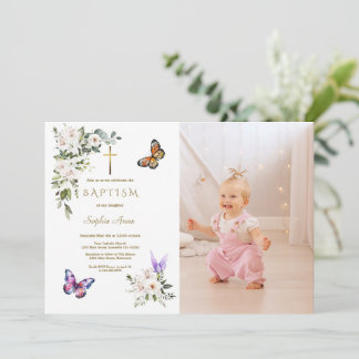 Invitation Elegant White Lily Butterfly Girl Photo Baptism