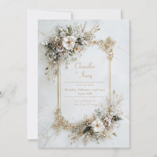 Invitation Elegant White Marble Gold Floral Geometric Wedding (Devant)