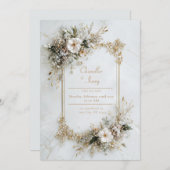 Invitation Elegant White Marble Gold Floral Geometric Wedding (Devant / Derrière)