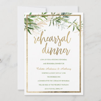 Invitation Elegant white mint gold foliage Rehearsal Dinner