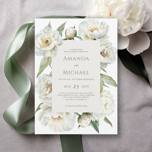 Invitation Elegant White Peony & Sage Green Floral Wedding