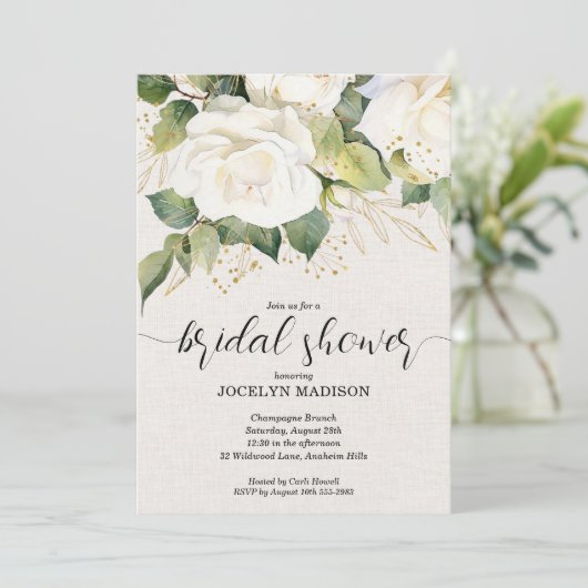 Invitation Elegant White Roses Bridal Shower (Debout devant)