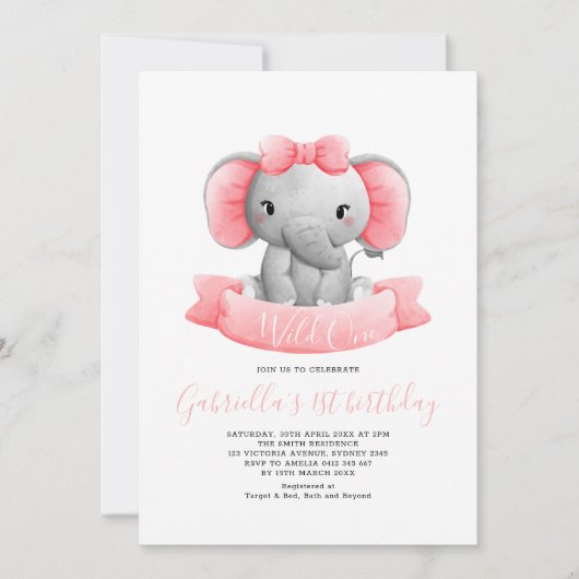 Invitation Elégant Wild One Elephant Girl 1er anniversaire (Devant)