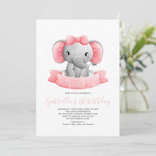 Invitation Elégant Wild One Elephant Girl 1er anniversaire (Debout devant)
