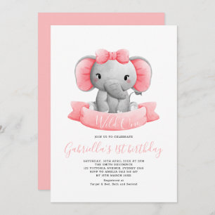 Invitation Elégant Wild One Elephant Girl 1er anniversaire