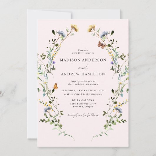 Invitation Elegant Wildflower Meadow Blush Pink Wedding (Devant)