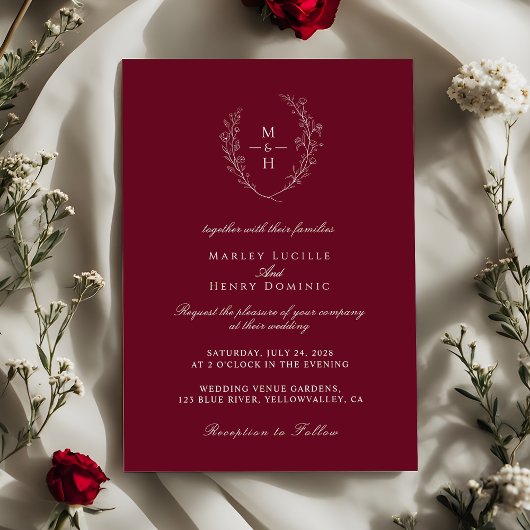 Invitation Elegant Wildflower Monogram Burgundy Wedding