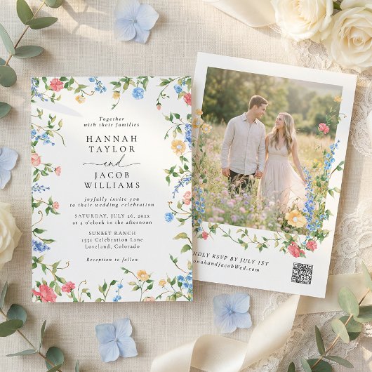 Invitation Elegant Wildflower Photo QR Code RSVP Wedding