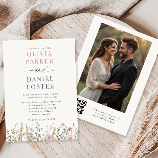 Invitation Elegant Wildflower QR Code Photo Wedding
