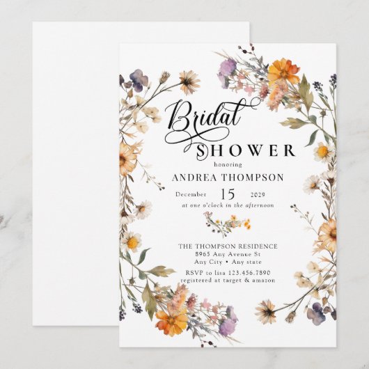 Invitation Elegant Wildflower | Réception de mariage script (Devant / Derrière)