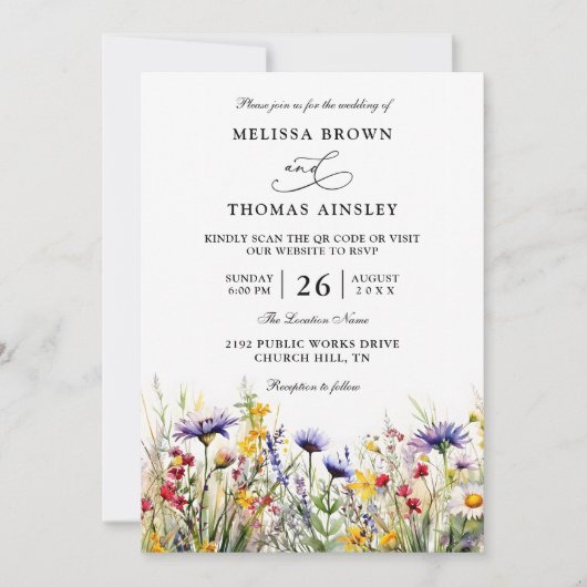 Invitation Elegant Wildflowers Rustic Budget QR Code Wedding (Devant)
