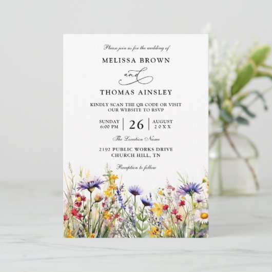 Invitation Elegant Wildflowers Rustic Budget QR Code Wedding (Debout devant)