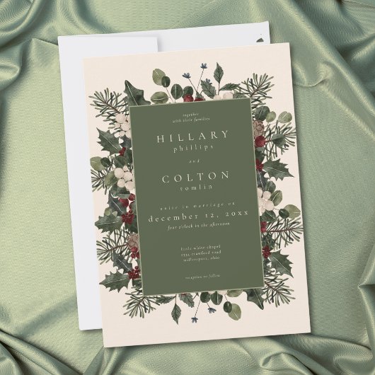 Invitation Elegant Winter Berries & Pine Ivory Wedding
