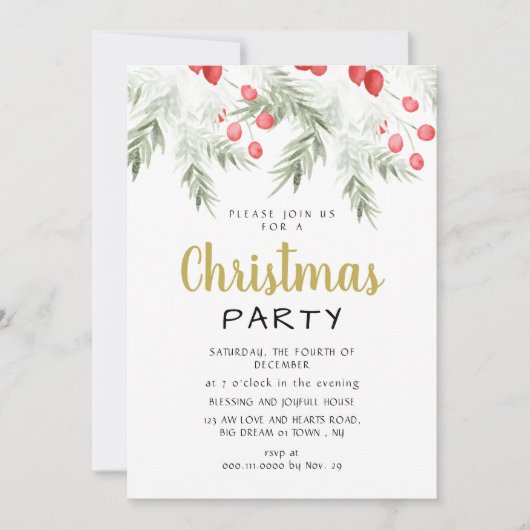 Invitation Elegant Winter Greenery Watercolor Christmas Party (Devant)
