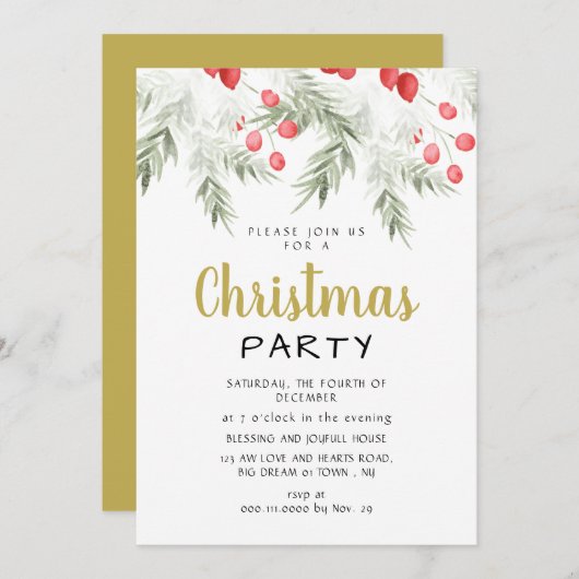Invitation Elegant Winter Greenery Watercolor Christmas Party (Devant / Derrière)