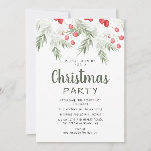 Invitation Elegant Winter Greenery Watercolor Christmas Party (Devant)