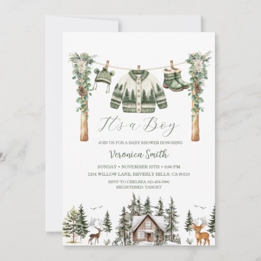 Invitation Elegant Winter Pine Tree Clothes Line Baby Shower (Devant)