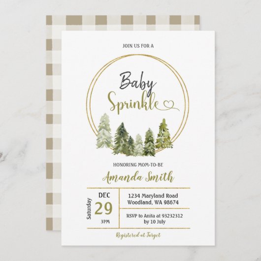 Invitation Elegant Winter Pine Tree Forest Baby Sprinkle (Devant / Derrière)