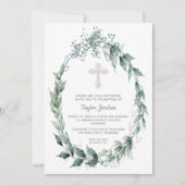 Invitation Élégant Wreath Pink Cross Baptisme (Devant)