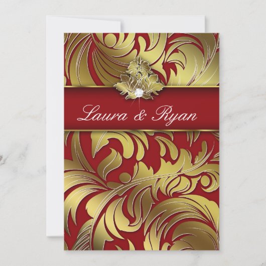 Invitation Élégant Xmas Mariage Diamond Leaf Swirl Gold Red 2 (Devant)