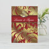 Invitation Élégant Xmas Mariage Diamond Leaf Swirl Gold Red 2 (Debout devant)