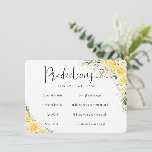 Invitation Elegant Yellow Baby Shower Predictions Card (Debout devant)