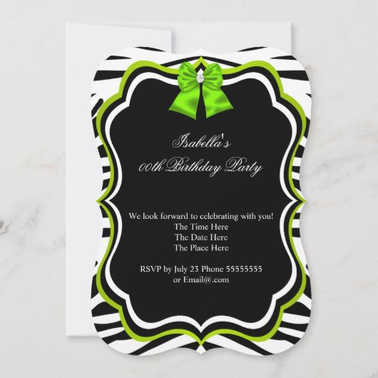 Invitation Élégant Zebra Lime Green Diamond Party (Dos)