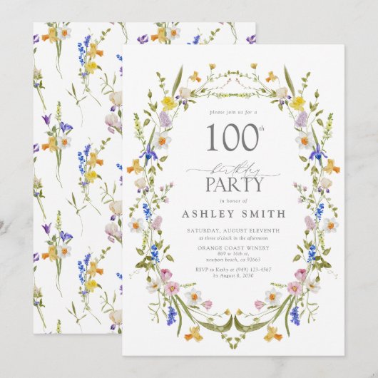 Invitation Elégante 100e fête d'anniversaire aquarelle floral (Devant / Derrière)