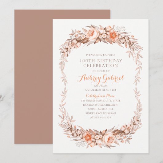 Invitation Élégante 100e fête d'anniversaire Floral Automne (Devant / Derrière)