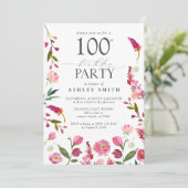 Invitation Elégante 100ème Aquarelle rose Fleur Anniversaire (Debout devant)
