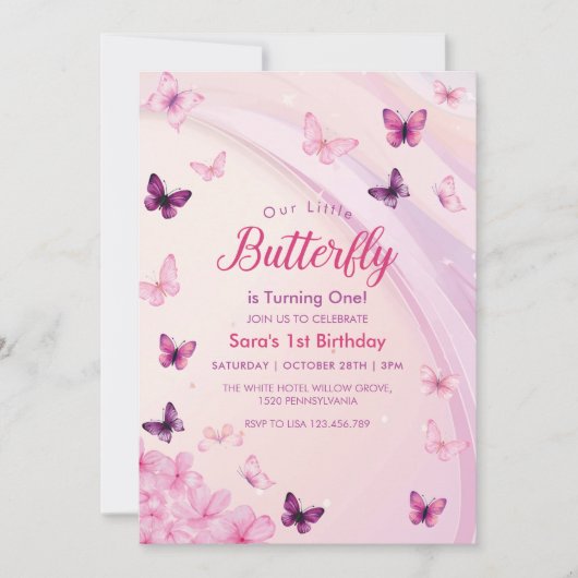 Invitation Élégante 1ère fête des papillons roses (Devant)