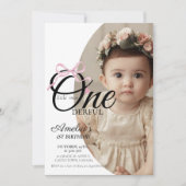 Invitation Élégante 1ère photo Bow Anniversaire Fille (Devant)