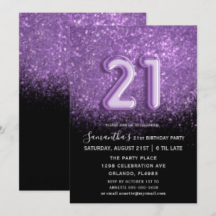 Invitation Élégante 21e anniversaire Black Purple Parties sci