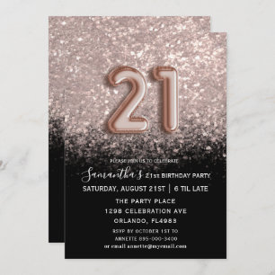 Invitation Élégante 21e anniversaire Black & Rose Gold Partie