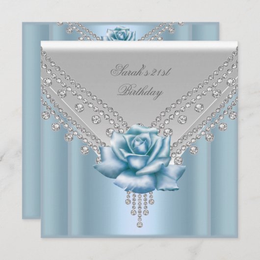 Invitation Élégante 21e fête d'anniversaire Rose bleu blanc (Devant / Derrière)