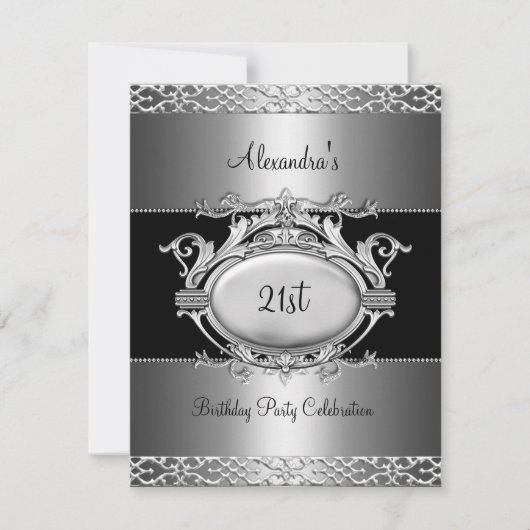 Invitation Élégante 21e fête d'anniversaire Silver Black (Devant)