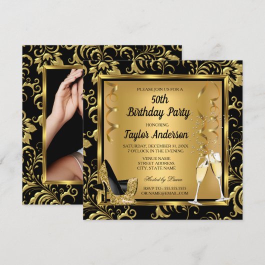 Invitation Elégante 50e Anniversaire Soirée Champagne Photo (Devant / Derrière)